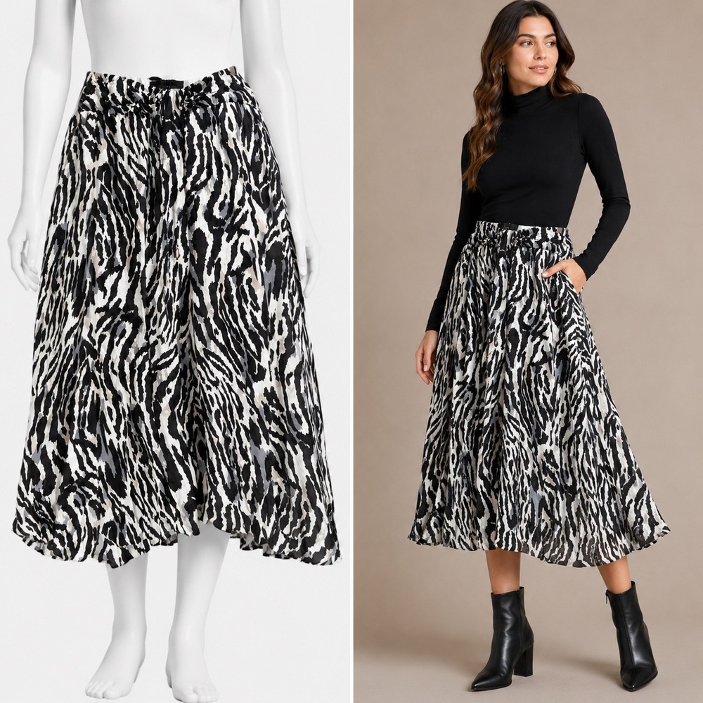 White House Black Market Midi Skirt Womens M Ecru Zebra Print Crepe Animal Print